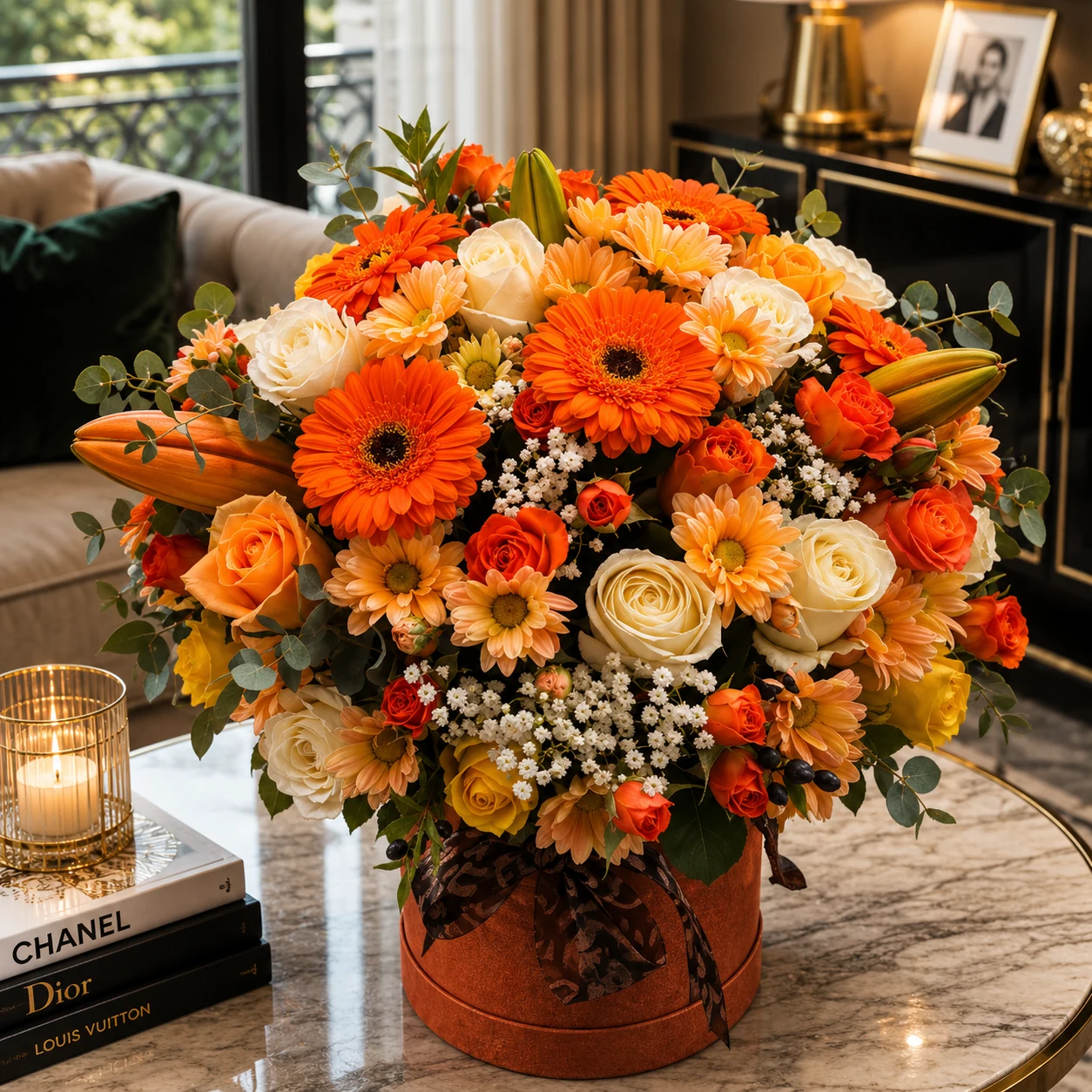 Narandžasti luxury box - cvetni aranžmani Beograd, flower box i dostava cveća Beograd
