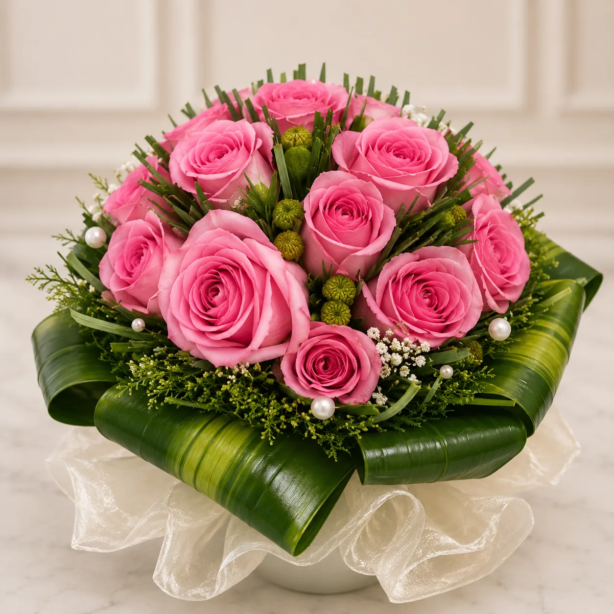 Bidermajer Pink roses classic - dekoracija venčanja Beograd - aranžman od ruža, cvećara Beograd i dostava cveća Beograd